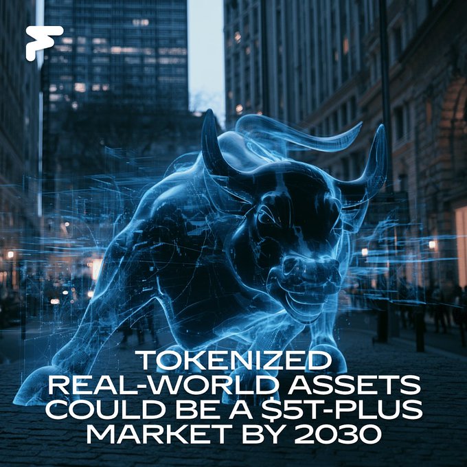 A glowing, holographic bull dominates an urban cityscape, overlaid with the headline "TOKENIZED REAL-WORLD ASSETS COULD BE A $5T-PLUS MARKET BY 2030." The image's bullish symbolism visually reinforces the post's optimistic outlook on the tokenization market's massive growth potential by the end of the decade.