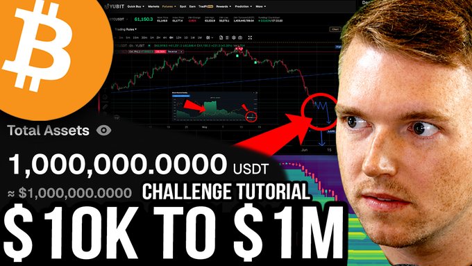 A YouTube thumbnail features a man looking intently at a cryptocurrency trading chart, with a Bitcoin logo and text highlighting a "$10K TO $1M CHALLENGE TUTORIAL" and a total balance of "1,000,000.0000 USDT," promoting the trader's ambitious goal to grow a small account into a million dollars.