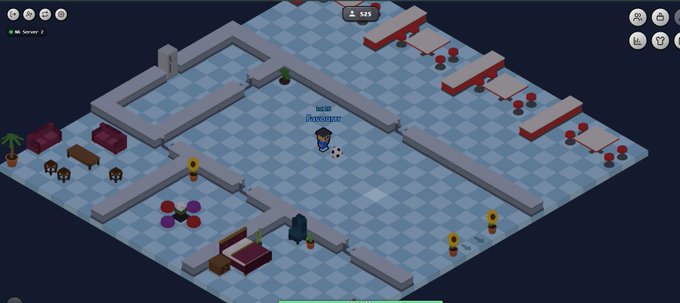 An isometric pixel art video game scene featuring a character labeled 'belar Pewster' with a soccer ball in an indoor arena setting with tiled flooring and various obstacles.