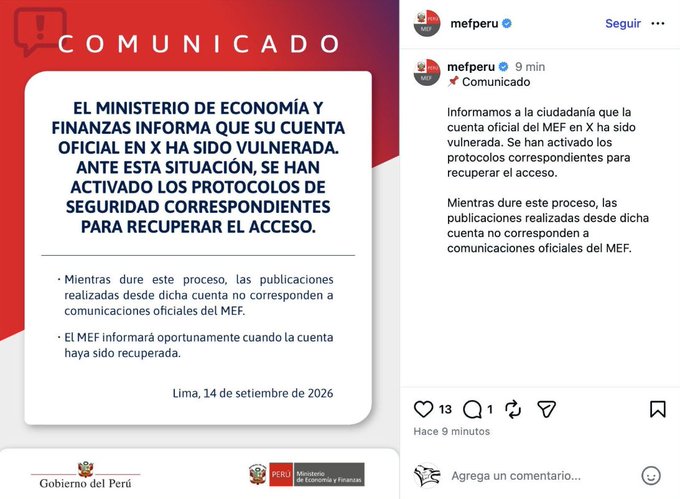 A screenshot of an official Instagram post from 'mefperu' (Ministerio de Economía y Finanzas del Perú) dated September 14, 2026, warning citizens that their official X account has been hacked and that any publications made in the meantime are not official communications.