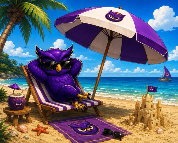 An illustrated scene of a purple owl mascot wearing sunglasses, lounging on a beach chair under a purple umbrella with a matching sandcastle, beach towel, and coconut drink nearby.