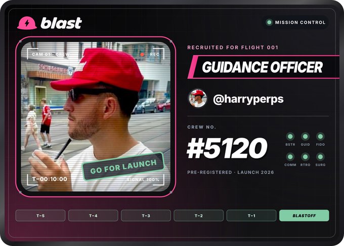 A 'blast' mission control interface displays a recruited crew member as 'GUIDANCE OFFICER @harryperps' with crew number #5120, marked 'GO FOR LAUNCH' with 'SIGNAL 100%' and a 'BLASTOFF' button highlighted.