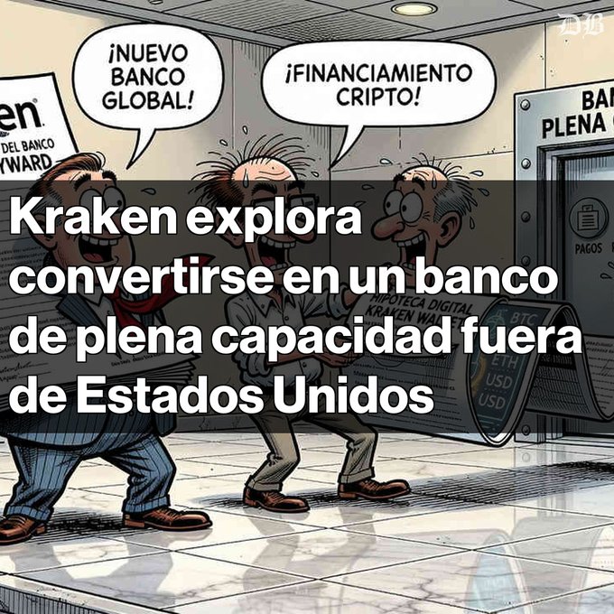 A cartoon illustration showing excited men celebrating with Spanish speech bubbles reading '¡NUEVO BANCO GLOBAL!' and '¡FINANCIAMIENTO CRIPTO!', overlaid with the headline 'Kraken explora convertirse en un banco de plena capacidad fuera de Estados Unidos'.