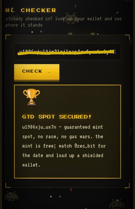 This image shows a "WL CHECKER" interface confirming a "GTD SPOT SECURED!" for wallet "u1986xju...ux7n" with @zec_bit, indicating a guaranteed, free mint.