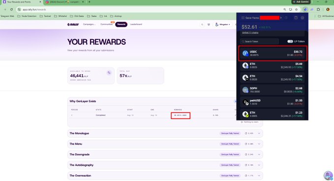 A screenshot of a Gala.com "Your Rewards" dashboard showing a total of 46,441 points and 57K coins, with a Gan-Yoshi Trust wallet displaying $52.61 in USDC, ETH, SOPH, and other tokens, alongside a list of games like "Why GenLayer Exists" with dates of "Aug 14" and completion rewards highlighted in red boxes. The image relates to the post by illustrating a crypto player's portfolio awaiting a bull run, with their rewards page showing modest earnings despite the sidelined market activity.