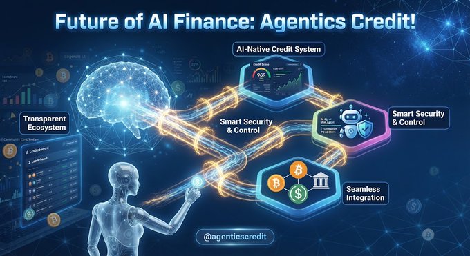 A digital infographic titled 'Future of AI Finance: Agentic Credit!' showing a humanoid figure connected to an AI-Native Credit System with features like Smart Security & Control and Seamless Integration, tagged @agenticscredit.