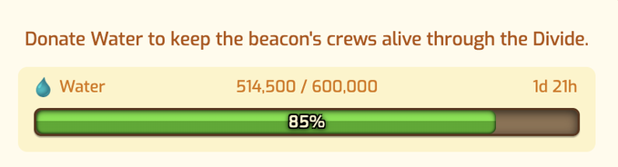 A progress bar interface titled 'Donate Water to keep the beacon's crews alive through the Divide' showing Water at 514,500 / 600,000 (85%) with 1d 21h remaining.