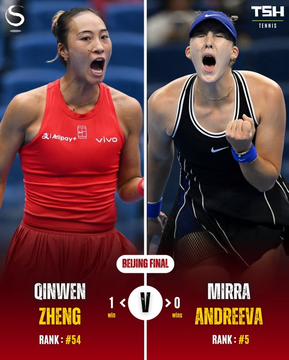 A promotional poster for a tennis Beijing Final match between Qinwen Zheng and Mirra Andreeva, showing both players shouting in celebration with their respective ranks (#54 and #5).