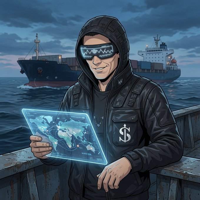 An illustrated character wearing a black hooded jacket with a dollar sign, holding a glowing holographic world map with a cargo vessel in the background.