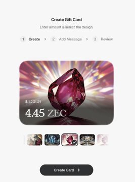 A gift card creation interface showing a card with a red gem design valued at "4.45 ZEC" (worth $1,201.21), with a "Create Card" button and step indicator showing Create, Add Message, and Review stages.