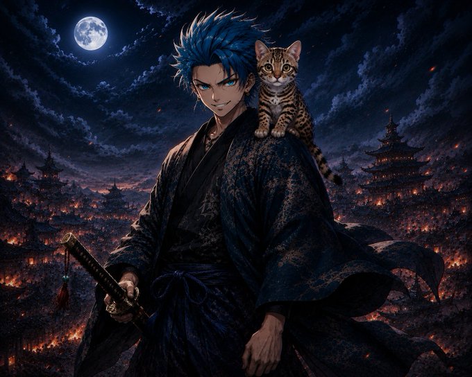 An anime-style illustration of a blue-haired samurai in dark robes holding a katana, with a Bengal cat perched on his shoulder, set against a burning city under a full moon.