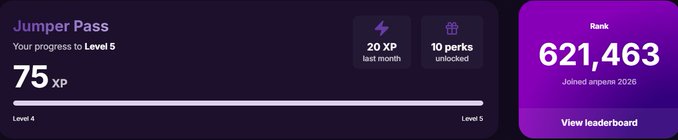 A progress dashboard titled 'Jumper Pass' showing 75 XP progress toward Level 5, with 20 XP earned last month, 10 perks unlocked, and a rank of 621,463 for user 'anperm' joined in 2026.