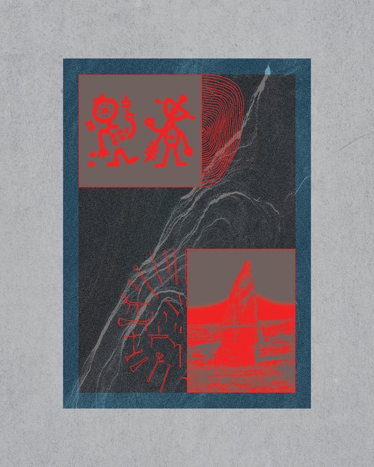 A collage-style artwork featuring a dark, textured background with mountain-like contours, overlaid with red pixelated figures, runic symbols, and abstract temple-like imagery in a grid layout. The composition has a blue border and is mounted on a gray surface, evoking a mystical, archaeological aesthetic.