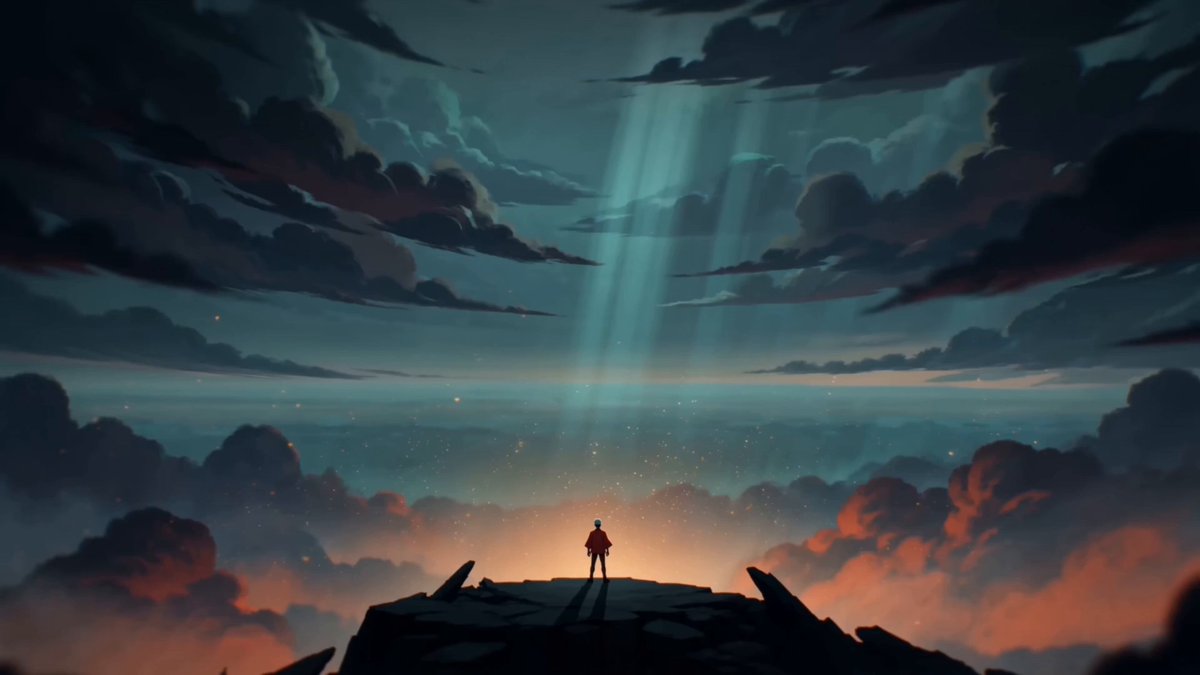 The image features a man standing at the top of a cliff, overlooking a beautiful landscape filled with clouds and stars. The sky above him is dark blue, creating an atmosphere of mystery and wonder. The man appears to be alone, perhaps contemplating his life or simply enjoying the view. The scene is set against a backdrop that includes a sunset, adding depth and dimension to the image.