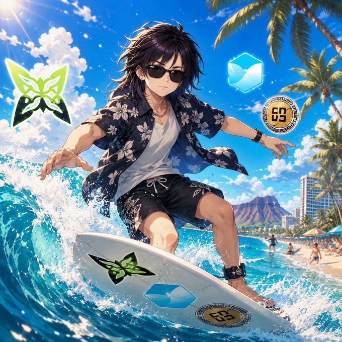 Anime-style illustration of a dark-haired character in sunglasses and a floral shirt surfing a wave, with palm trees and Diamond Head/Waikiki Beach in the background.