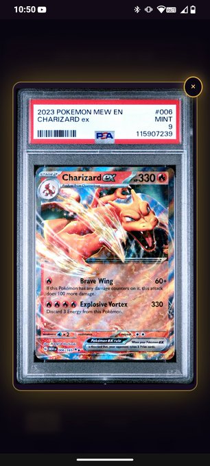 A smartphone screenshot of a PSA-graded 2023 Pokemon Mew EN Charizard ex trading card.