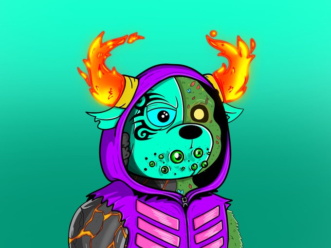 A cartoon illustration shows a teal-skinned zombie character wearing a purple hoodie with pink stripes, featuring fiery orange horns and green spots on its face.