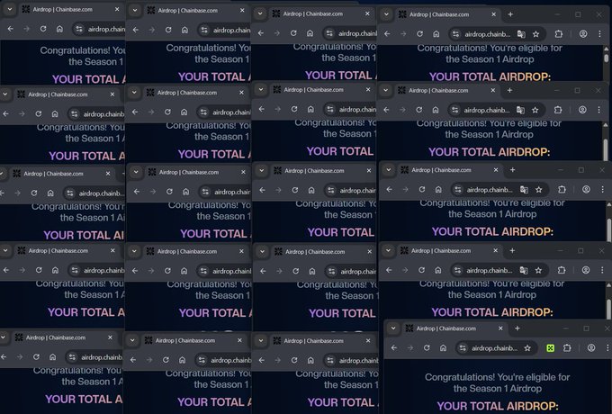 Multiple browser windows displaying airdrop.chainbase.com, each showing the message 'Congratulations! You're eligible for the Season 1 Airdrop' with 'YOUR TOTAL AIRDROP' amount.