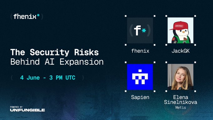 The image features a poster for an event titled "The Security Risks Behind AI Expansion" scheduled for June 4th, 3 PM at 3 PM UTC. The poster includes four images of people's faces with different colored hats, each representing a different risk associated with AI expansion. The text on the poster highlights that this event is focused on exploring the risks behind AI expansion and discussing how to build trustworthy AI systems at scale.