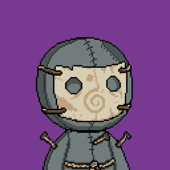 A pixel-art illustration depicts a humanoid figure with a stitched grey hood and a pale mask featuring spiral markings, set against a solid purple background.