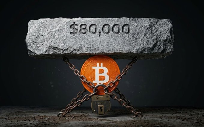 A dramatic image of a Bitcoin coin chained and padlocked beneath a heavy stone slab engraved with '$80,000', symbolizing the cryptocurrency's price milestone.