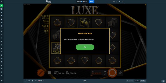 The image shows a Stake.com casino game screen for "LUXE" displaying a "LIMIT REACHED" popup with the message "Max win on a single round has been reached," confirming the $20,000 max win mentioned in the post. The interface shows a balance of $23,048.16 and a bet of $2,000.00, demonstrating the player hit the maximum payout limit during gameplay.