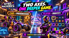Promotional graphic for a 'NITRO MACHINES' game titled 'TWO AXES, ONE DEEPER GAME' featuring 'CAR + PROGRESSION' and 'PLAYER + IDENTITY' tags.