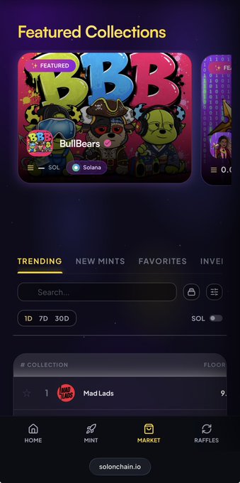 Screenshot of the solonchain.io marketplace on mobile showing the Featured 'BullBears' collection on Solana, with trending tabs and a 'Mad Lads' collection listed.