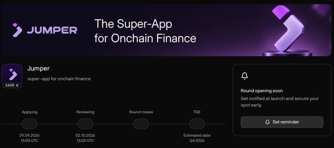 The image displays a Legion platform page for the Jumper token sale, showing it's "applying" with a round opening soon, a hard cap timing on 29.09.2026, and review closing on 02.10.2026, with an estimated TGE date of Q4 2026. The "super-app for onchain finance" project has 1,506 notifications and offers a "Set reminder" option for the upcoming sale mentioned in the post.