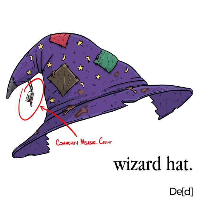 A tattered purple wizard hat decorated with patches, stars, moons, and stains features a red circled detail of a keychain tag, with an arrow pointing to handwritten red text reading "Community Member Credit," while the bottom right displays "wizard hat." and "De[d]," illustrating the community credit feature mentioned in the post about suggesting traits for v2.