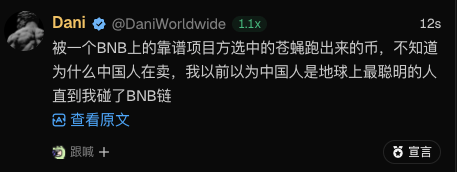 A tweet from "Dani @DaniWorldwide" (12s ago) is written in Chinese, mentioning BNB and questioning why Chinese people are buying a specific token, tagging @BNBCHAIN.