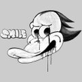 A black-and-white cartoon illustration of a character's face with a mustache and flowing hair, with the word 'SMILE' partially visible.