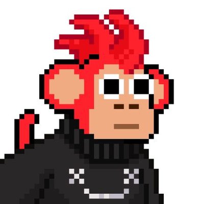 A pixel art illustration of a red-haired chimpanzee character wearing a black sweater with white cross-stitch details, rendered in a retro 8-bit style consistent with the Chimpers NFT collection being praised in the post.