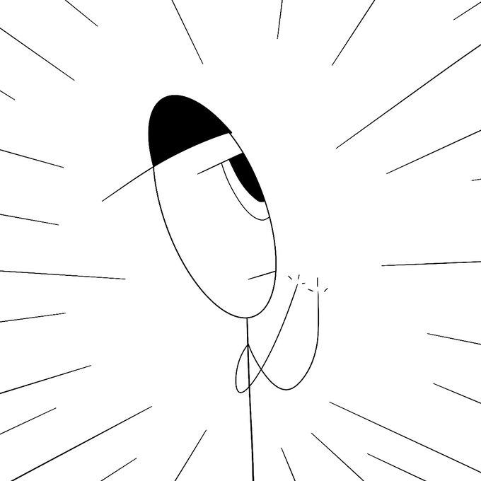 A minimalist black and white line drawing of a stylized character with a large half-shaded eye and a small hand raised thoughtfully near their face, surrounded by radiating speed lines.
