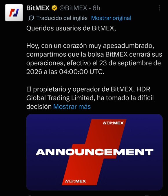 A screenshot of an official BitMEX announcement on X stating that the exchange will close its operations effective September 23, 2026 at 04:00:00 UTC, with the decision made by owner HDR Global Trading Limited. The post's commentary connects this news to the removal of high-leverage (100x+) derivative products from the market, suggesting BitMEX's exit impacts tickers like MSTR and reduces risk for other players.
