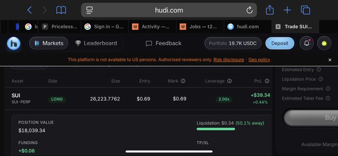 A screenshot of the hudi.com crypto trading platform shows an active SUI long position of 26,223.7762 at $0.69 with 2.00x leverage and a position value of $18,039.34.