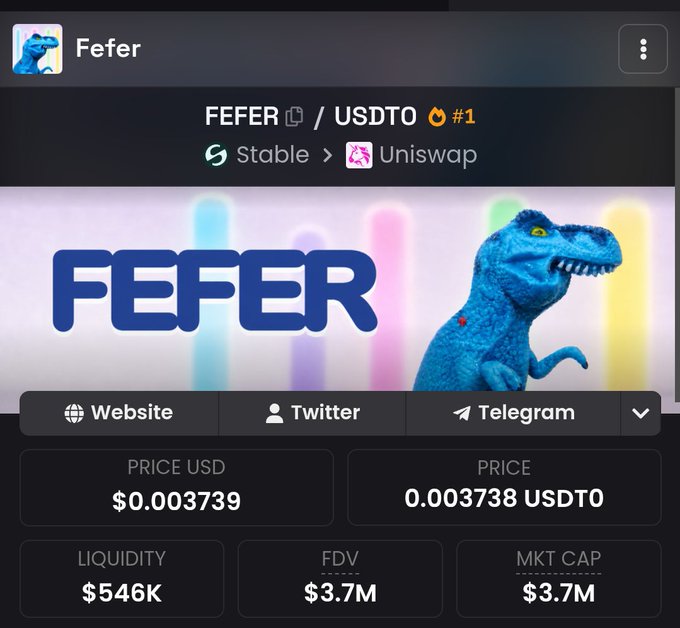 A crypto trading interface screen for the token "FEFER" paired with USDT on Uniswap, showing a price of $0.003739, a market cap of $3.7M, and a $546K liquidity, featuring a blue dinosaur graphic.