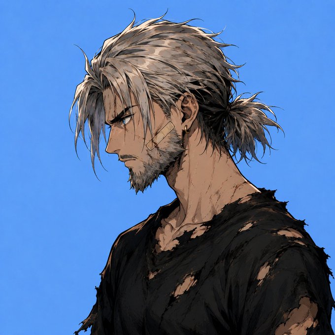 An anime-style illustration depicts a rugged man with messy silver hair, a beard, and a tattered black shirt in profile against a blue sky.