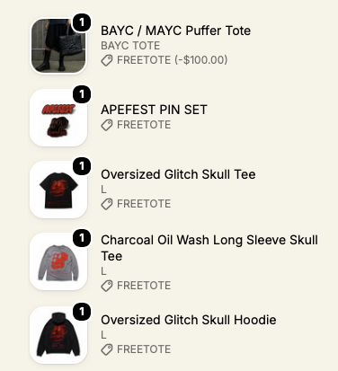 A mobile shopping cart screenshot listing merchandise such as 'BAYC / MAYC PUFFER TOTE' for $100, 'APEFEST PIN SET', 'Oversized Glitch Skull Tee', and other 'FREETOTE' items.