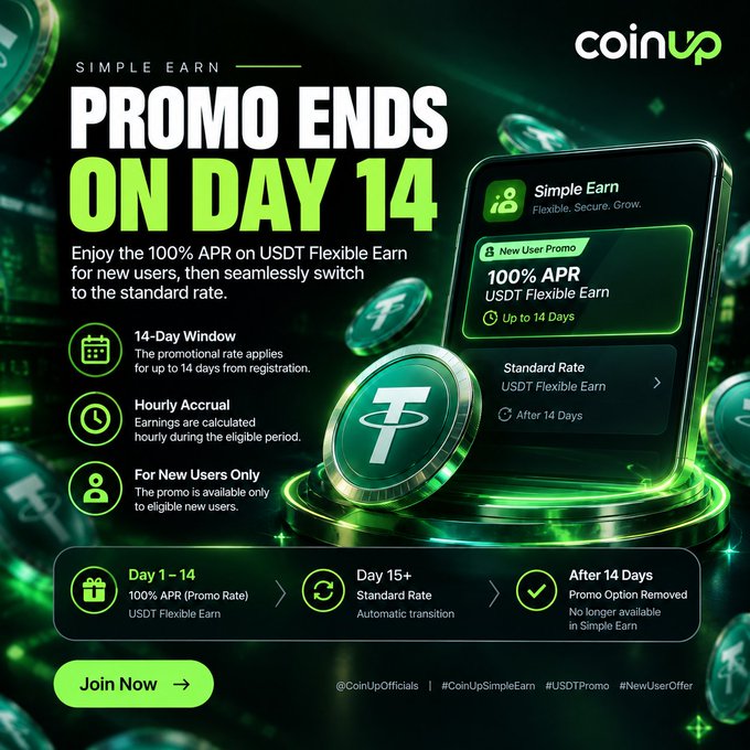 CoinUp promotional advertisement for 'Simple Earn' featuring 100% APR on USDT Flexible Earn for new users, with the promo ending on Day 14.