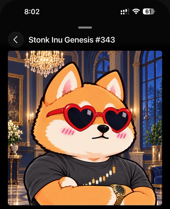 An animated Shiba Inu character wearing heart-shaped sunglasses and a black shirt poses confidently in an opulent room, displayed as "Stonk Inu Genesis #343" NFT on a mobile app interface. The image celebrates the user's first win of the month, showcasing their newly acquired Stonk Inu NFT in a luxurious setting that reflects the excitement of finally securing a win after a streak of losses.