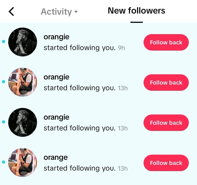 A TikTok notification screen showing four new followers all named 'orangie', each with a 'Follow back' button in red.