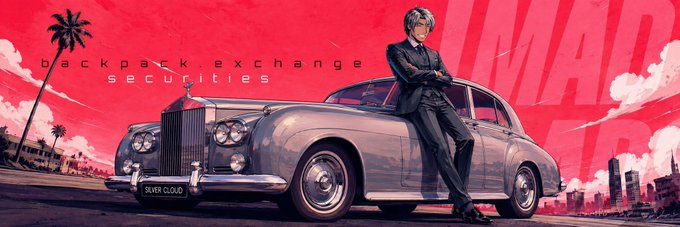 An anime-style banner features a character in a suit leaning against a Rolls-Royce with the text 'backpack exchange securities' and 'IMAR' on a red background.