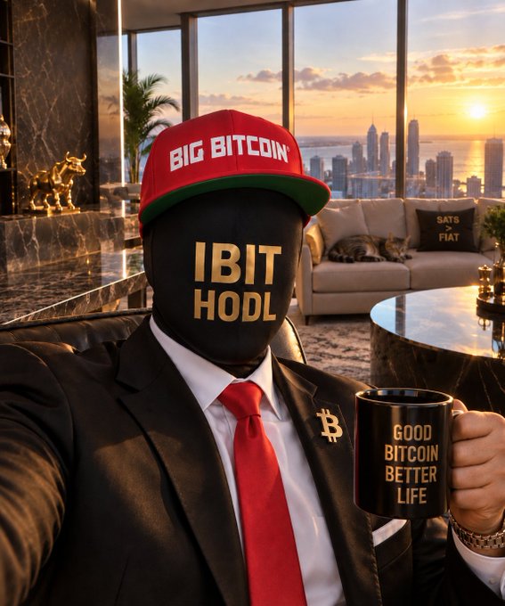 A man wearing a black suit, red tie, and a red 'BIG BITCOIN' cap has his face obscured by a black mask reading 'IBIT HODL'; he holds a mug stating 'GOOD BITCOIN BETTER LIFE' in a luxurious high-rise apartment.