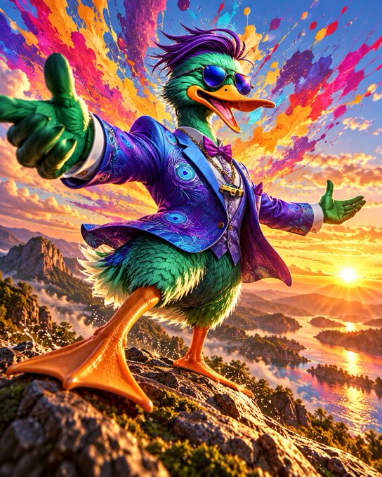 A vibrant, colorful digital artwork of a stylized duck character wearing a purple suit, sunglasses, and a bowtie, giving a thumbs-up while standing on a rocky peak against a sunset landscape.
