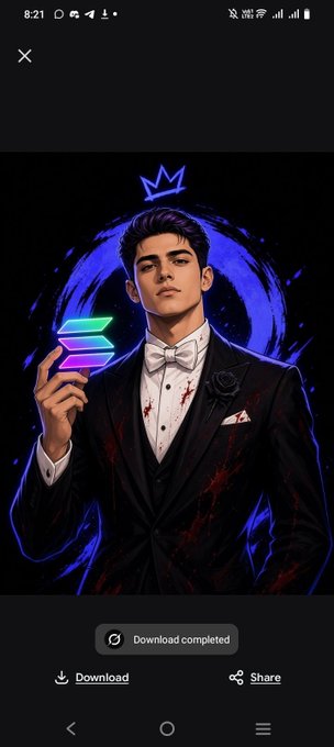 A mobile phone screenshot displaying a digital illustration of a young man in a suit with a crown above his head, holding a glowing Solana logo, with 'Download completed' text at the bottom.