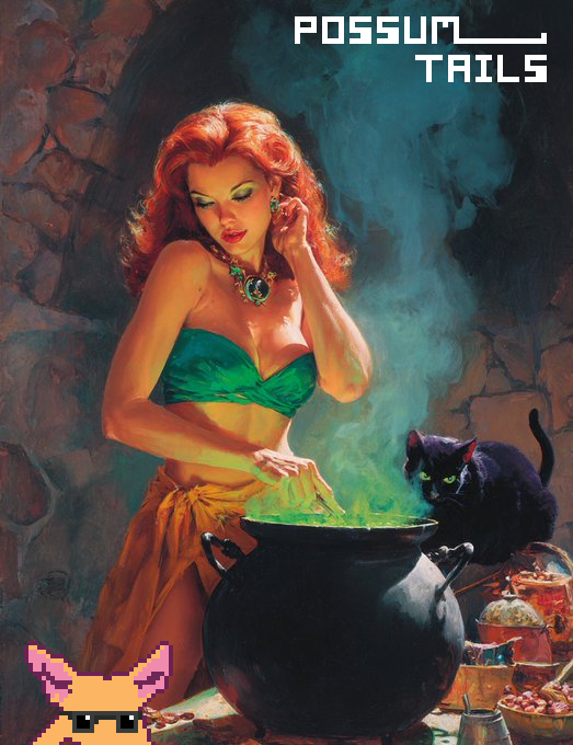 A stylized illustration titled 'POSSUM TRAILS' shows a red-haired woman in a green top stirring a glowing green cauldron with a black cat nearby.