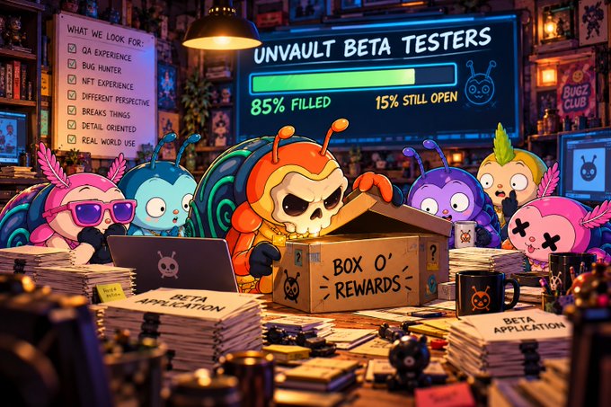 The image shows colorful cartoon bug characters gathered around a "Box O Rewards" cardboard box, with a screen displaying "UNVAULT BETA TESTERS - 85% FILLED 15% STILL OPEN" and a checklist of sought-after attributes like "QA EXPERIENCE" and "BUG HUNTER." It visually represents the post's announcement that surprise rewards await those who applied for the UnVault Beta, even without being promised, celebrating the community of applicants who raised their hand for the opportunity.