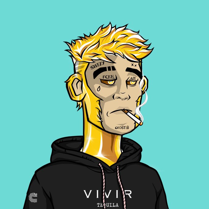 A cartoon illustration shows a blonde-haired man with facial tattoos reading 'STUZZY', 'FCKN', 'ABE', and 'GHOST' smoking a cigarette, wearing a black 'VIVIR TEQUILA' hoodie against a teal background.