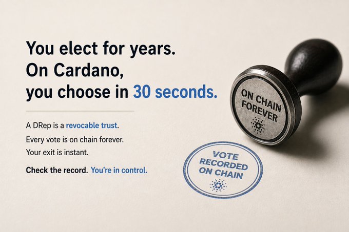 An advertisement for Cardano (DRep) featuring text that reads 'You elect for years. On Cardano, you choose in 30 seconds' along with a stamp graphic stating 'VOTE RECORDED ON CHAIN' and 'ON CHAIN FOREVER'.